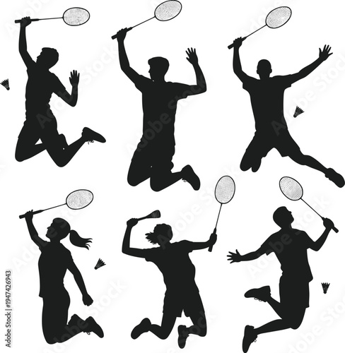 Badminton player silhouettes set with jumping smash and racket swing poses, professional badminton sport athletes isolated on white background vector illustration