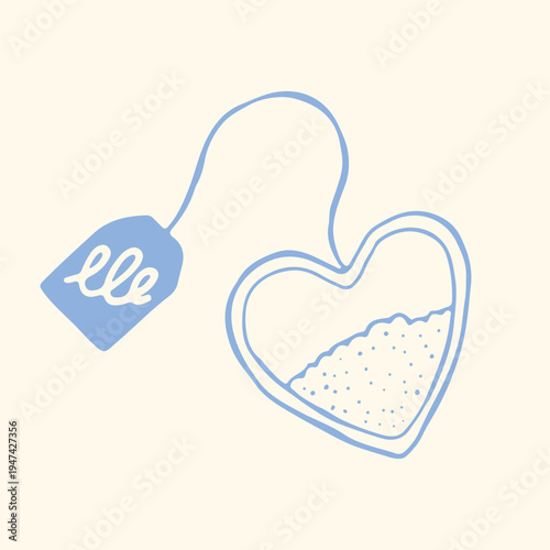 Romantic hand-drawn vector of a heart shaped tea bag with a label. Minimalist blue line art perfect for Valentines Day, wedding invitations, tea shop branding, and cozy lifestyle designs