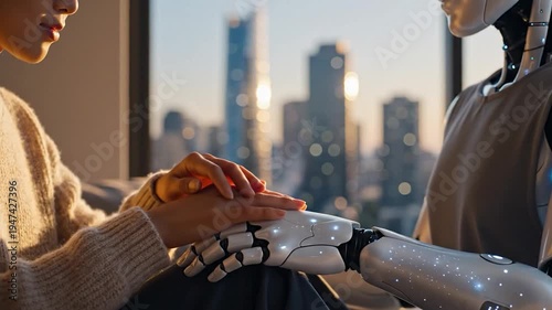 Human hand touching robot hand city skyline view sunset technological connection artificial intelligence future concept
