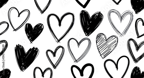 Hand-drawn black hearts on a white background, expressing love and affection.