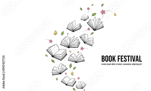 Hand-drawn vector illustration of open books flying in the air with butterflies stars and leaves for book festivals