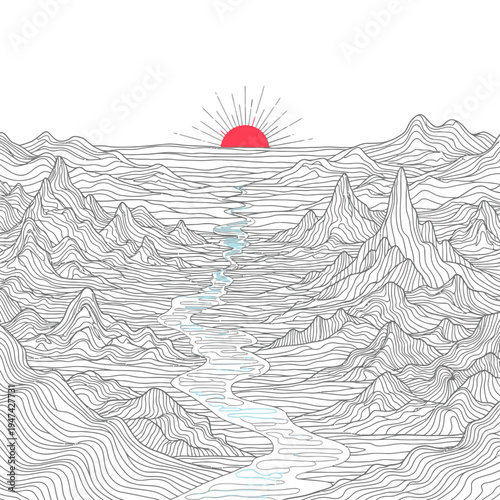 Sunrise over a mountain range landscape.