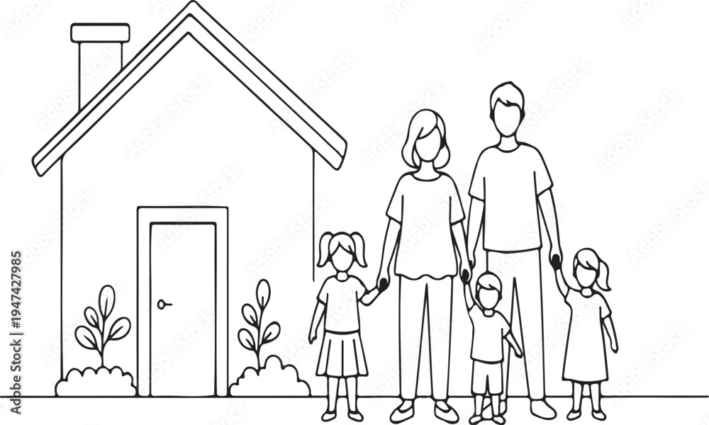 Obraz premium Happy family of five standing in front of their home