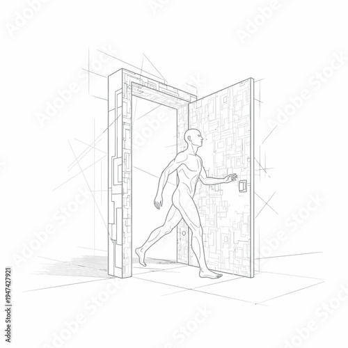 Woman stepping through open doorway slowly.