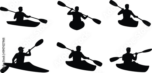 Kayaking and canoeing silhouettes collection with paddling athletes in kayak boats, water sport activity characters isolated on white background vector illustration set