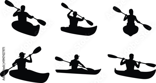 Kayaking silhouettes collection with paddling athletes in kayak boats, water sport adventure activity isolated on white background vector illustration set