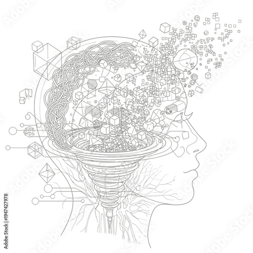 Brain with gears and symbols inside.