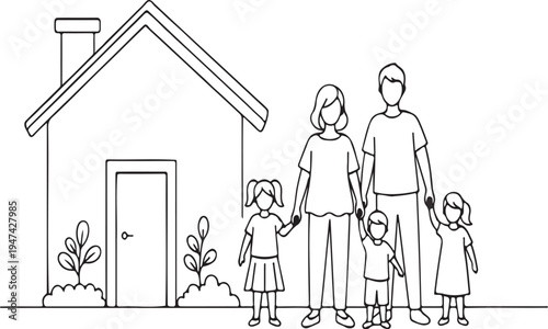 Happy family of five standing in front of their home