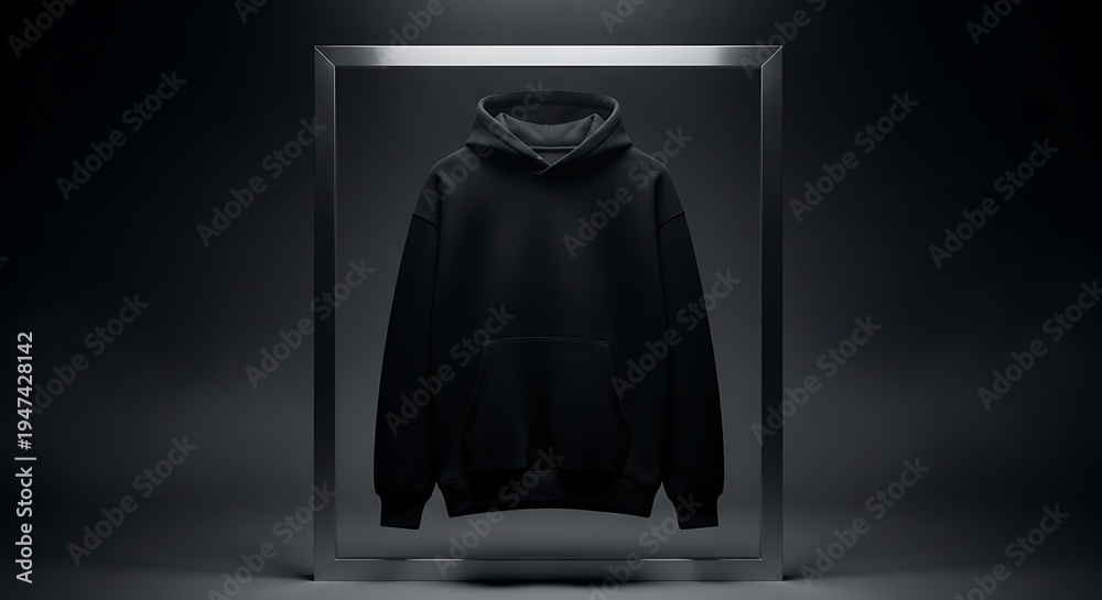 Fototapeta premium A Minimalist Black Hoodie Displayed in a Modern Transparent Showcase on a Dark Studio Background