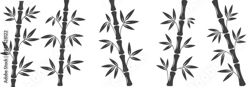 Minimal bamboo stems and leaves silhouettes set, oriental botanical plant elements, natural bamboo branches illustration isolated on white background for eco nature design