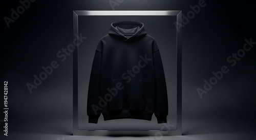 A Minimalist Black Hoodie Displayed in a Modern Transparent Showcase on a Dark Studio Background