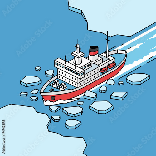 An icebreaker ship navigates through icy waters, creating a clear path amidst the ice floes.