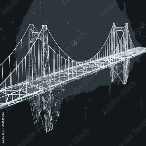 Detailed wireframe of suspension bridge.
