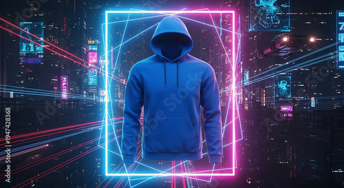 Mysterious Silhouette in a Blue Hoodie Framed by Neon Lights Amidst a High-Tech Cybernetic Cityscape, Symbolizing Digital Anonymity and Future Connectivity