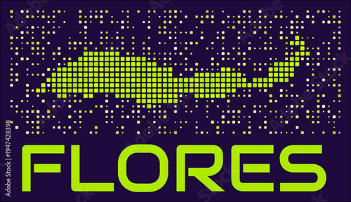 Flores dots map. Indonesia. Digital style shape of the island. Flores map and title lime colored square dots with round corners. Creative Vector Illustration.