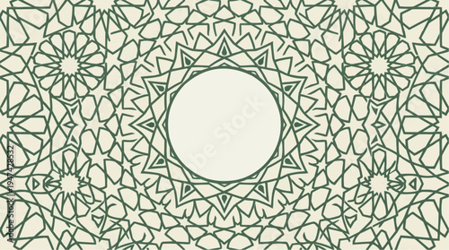 Intricate islamic geometric rosette medallion with symmetrical starburst patterns in beige tones for cultural design