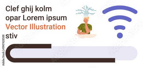 Network technology, digital data, connectivity, wireless communication, internet speed, bandwidth. wireless symbol, progress bar and person with a digital brain. Connectivity and digital data