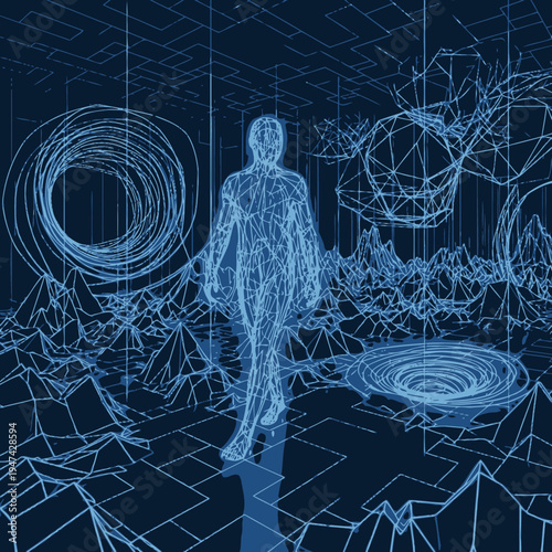 Human body digital blue wireframe model.