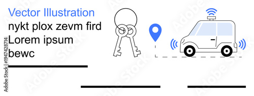 Car sharing, smart technology, vehicle tracking, rental services, GPS navigation, and mobility. Keys, car icon with GPS and wireless signals. Car sharing and smart technology illustration