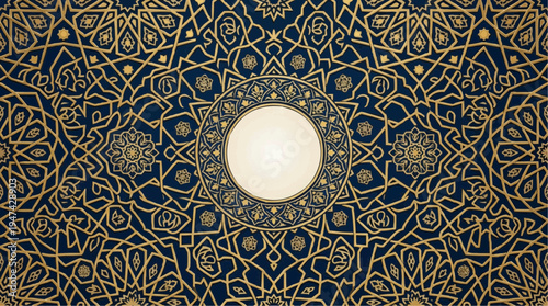 Intricate islamic geometric rosette medallion features symmetrical blue and gold patterns with a central circular motif
