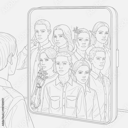 Multiple faces in a mirror reflection.