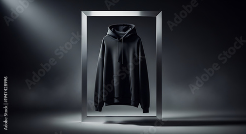 Sleek Black Hoodie Artfully Suspended in a Minimalist Metallic Frame, Dramatically Highlighted in a Dark, Moody Studio Setting for High-End Product Presentation