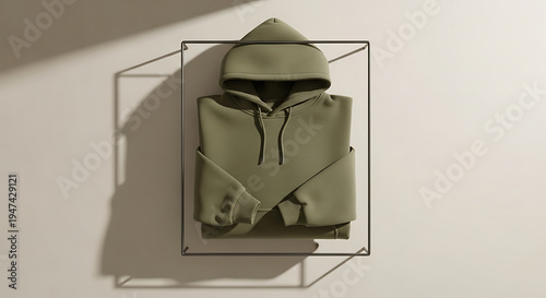 A minimalist flat lay of a folded olive green hooded sweatshirt elegantly presented within a contemporary black metal frame on a neutral background
