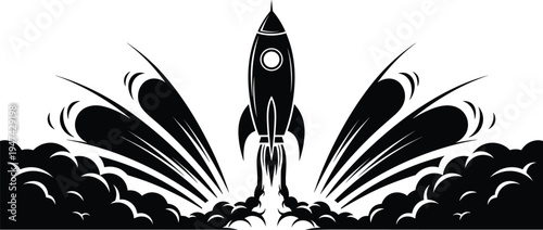 Rocket launch silhouette vector illustration with smoke clouds and blast waves, space startup concept symbolizing innovation, technology growth, mission success and futuristic explor