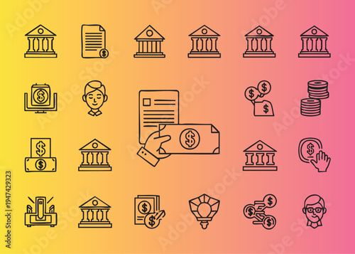 Flat financial and banking icons collection for business and economy themes