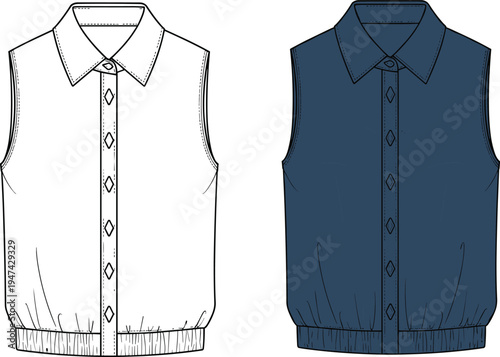 Sleeveless collared shirt vest front view fashion template with buttons, casual apparel design in outline and colored version modern clothing vector illustration