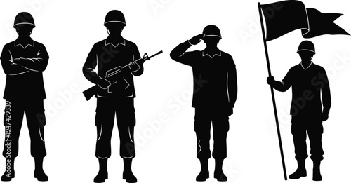 Soldier silhouettes set including armed soldier, saluting soldier and flag bearer, black military vector illustrations isolated on white background, army service and patriotism concept