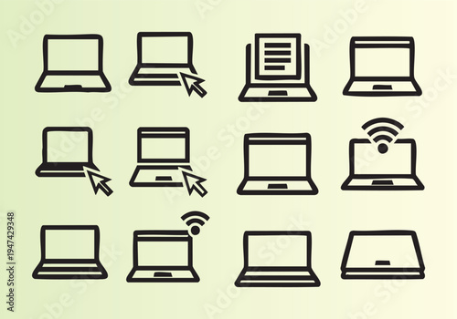 Flat laptop icon set with various functions and signals