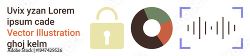 Data security, analytics, research insights, website protection, audio technology, and digital tools. Visual lock, pie chart and audio wave. Data security and analytics focus
