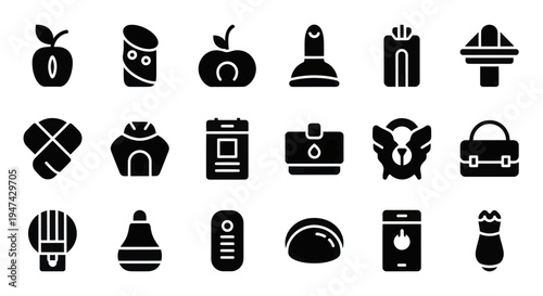 A collection of various food and kitchen-related icons in a solid black style, perfect for web and app design.