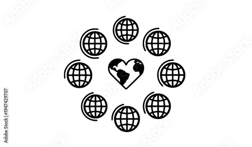 Heart shaped globe icon with world map symbols set minimal earth vector illustration