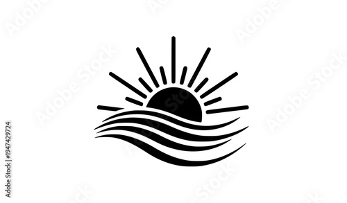 Rising sun over ocean waves vector icon minimalist sunrise sea symbol for tattoo and design