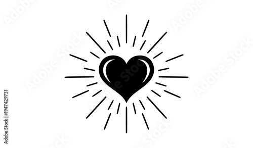 Radiating heart vector icon with sunburst rays minimalist love symbol for tattoo and design