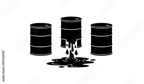 Oil spill barrels vector set industrial pollution leak symbol environmental disaster icon