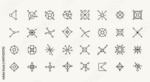 Abstract geometric shapes and symbols in a grid pattern.