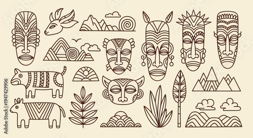 African Tribal Masks and Animals Set.