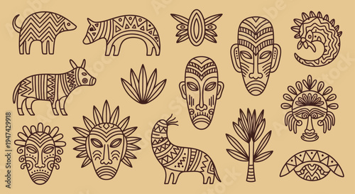 African Tribal Masks and Animals with Ethnic Patterns Set.