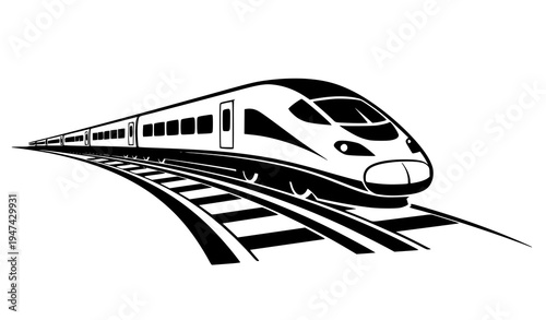 High-speed train silhouette vector with curved rail track modern transportation icon design