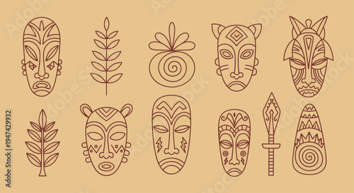 African Tribal Masks and Cultural Symbols Outline Set.