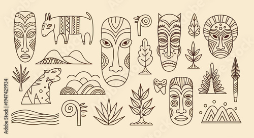 African Tribal Masks and Wildlife Line Art Collection.