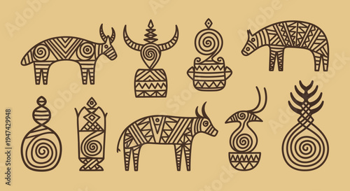 Ancient African Tribal Art Symbols and Animal Figures.