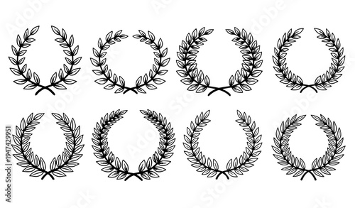 Hand-drawn laurel wreaths vector set with leaves and branches doodle line illustration