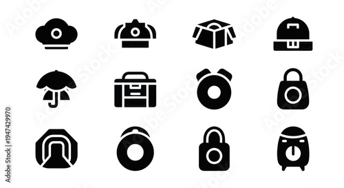 Collection of 12 Black Icons Representing Various Objects and Symbols.