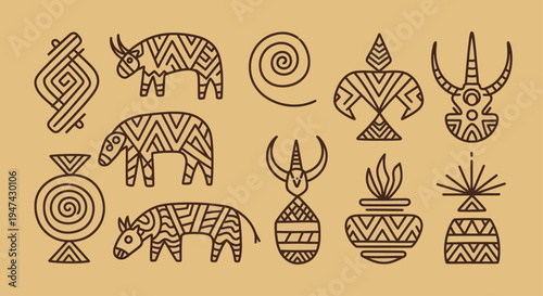 Collection of African tribal art symbols and patterns.