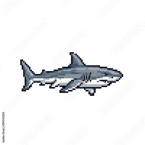 Detailed pixel art illustration of a menacing great white shark swimming in a side profile view, showcasing its iconic powerful presence and aquatic predatory nature