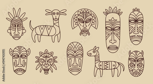 Collection of African tribal masks and animal figures in outline style.